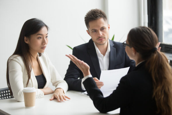 Skeptical unconvinced diverse hr managers interviewing female applicant feeling distrustful doubtful about rejecting vacancy candidate, failed job interview performance, bad first impression concept, Salesforce Certification Course